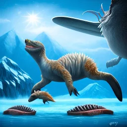 baby swimming in the artic with prehistoric creatures, fantasy art