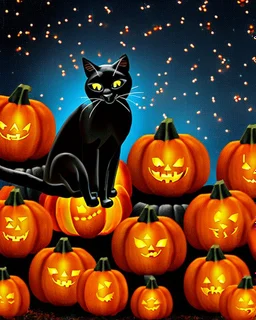 black cat on Halloween dancing with pumpkins in the photo of the starry sky