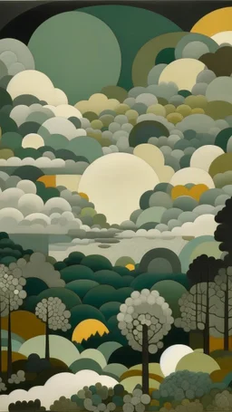 A grayish green sky with geometric clouds painted by Edward Hicks