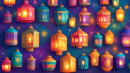 Craft a vibrant wallpaper featuring a collection of colorful traditional Ramadan lanterns arranged against a bright background, radiating warmth and cheer.