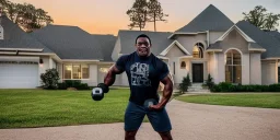 Stable diffusion, A swole black man lifting dumbells in front of his house at twilight