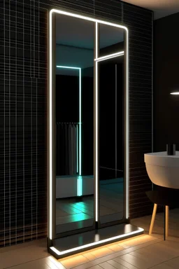 standing rectangular horizontally mirror with led strips with light bulbs on the top