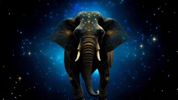 Generate an image of a cosmic elephant with elongated legs, draped in a starry cloak, floating in a surreal space inspired by Dali's "Elephant with Long Legs."