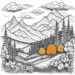 Outline art for coloring page with a cute mountain landscape white background, sketch style, only use outline, clean line art, white background, no shadows, clear outline