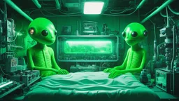 [glitched acid trip] two smiling green extra terrestrial aliens in their experiment lab in the 60ties, tubes and cables and liquids everywhere, a large bed in the middle