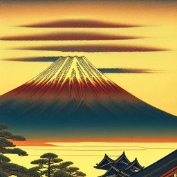 Ukiyo-e painting of a mount fuji at sunset