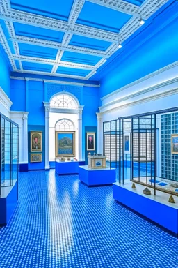 A bazaar in a museum with blue walls and a white floor