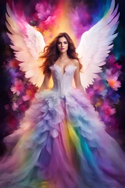 Gorgeous Photography Beautiful Woman as Angel with clothing abstracts flowers luxury gown dressing painting art neons rainbow colors glowing in the dark and colorful details, light leaks boleh colors,flowers background