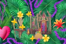  Tropical flowers,heart drawing, crystals, tropical leaves, sacred altar, Fantasy temple,