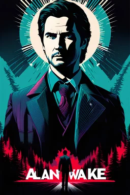 Alan Wake from Alan Wake 2, Screen print, pop art, splash screen art, triadic colors, digital art, 8k resolution trending on Artstation, midnight ratio, symmetrical, rule of thirds, geometric bauhaus, Artgerm, Pixar, Norman Rockwell, WLOP, intricately detailed concep