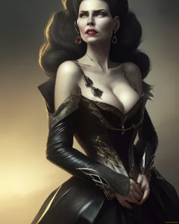 old evil queen in black leather gown, femme fatale, volouptous, busty, cleavage, angry, emperious, 8k resolution concept art portrait by Greg Rutkowski,