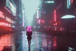 3D, beautiful, light reflecting, empty future city at night, rainy night, neon, cyberpunk, tron, person with helmet walking, 8k, finely detailed, photo realistic