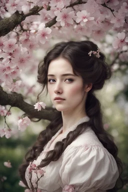 Beautiful Girl in the garden, 18 century, brunette, literally dark hair, dark eyes, fat, smell of sakura, rest, detailed face, england, she is staying under the tree