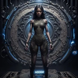 Fhoto full body, reality, Raw, black magic as power light , digital art, with logo text "addie", intricate details, powerful composition, captivating, , trending on artstation, sharp focus, studio photo, intricate details, highly detailed high tech, by addie_digi