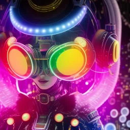 Sweet cyber beewoman, Rosalia artist, cold ambient, rain, fog, latex, cables, purpurin, black, gold, rings piercing, yellow, decorative color feathers, circuits, neon style, a lot of led lights, fog, rain, vibrant color, highly detailed, art stations, concept art