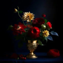 Flowers in midnight blue flowers, red flowers and green leaves in a gold vase. Light background