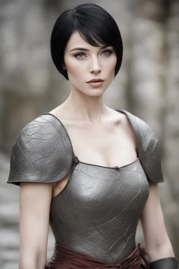 Scandinavian medieval woman with black short hair, pale skin, pretty lips, muscular