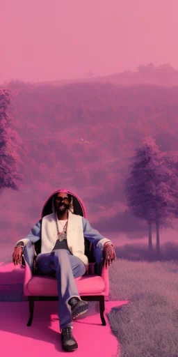 Snoop dogg sitting on a chair. pink houses, pink sky, pink smoke, moon, trees, wide angle