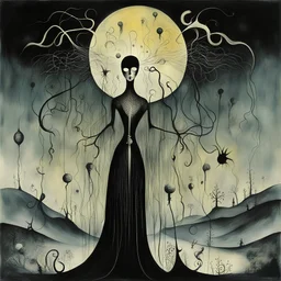 Divorced from reality metaphysical unholy roller, Joan Miro and Kay Nielsen and Stephen Gammell deliver a dark surreal masterpiece, muted colors, sinister, creepy, sharp focus, dark shines, asymmetric,