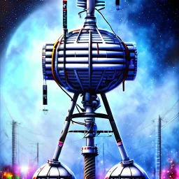 mad scientist building white cell tower in background, movie poster,spray paint art