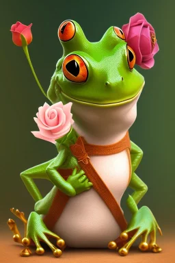 Cute frog is little prince, holding a rose in his paws