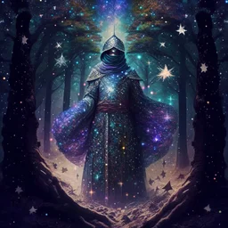 The Muslim commander in a battle dress made of galaxies and stars with a glove that has seven endless stones with a powerful army behind him A forest with dense trees