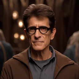 best quality epic highest resolution cinematic shot of wizard Dean Kamen with circular glasses and a lightening scar on his forehead, Harry Potter world, Harry Potter universe magical, dining hall, wizarding world