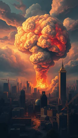 Nuke disaster . City is completely destroyed in sad theme clouds and sturdy weather in Bsosh nightmares style painting