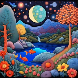 Colourful, peaceful, Max Ernst, Van Gogh, night sky filled with galaxies and stars, trees, rocks, flowers, waterfall, fish, one-line drawing, sharp focus, 8k, 3d, intricate, ornate