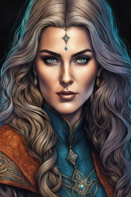 colored etching of an epic medieval female sorceress , with highly detailed facial features ,in the style Ann Chernow, with a fine art aesthetic, highly detailed , realistic , 4k UHD cinegraphic quality