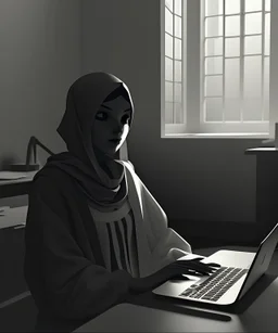 . A monochromatic scene of an old building being taken over by digital realms, as if merging both physical and virtual worlds together. A young woman wearing traditional clothing is seated at her laptop in the center of this chaotic scene, creating a contrast between traditional values and modern technology. Rendered in a minimalist art style with sharp edges and contrasting shadows for an eerie atmosphere.