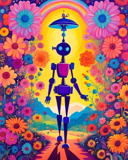 psychedelic colorful silhouette, robot holding hands with little girl, illustration by John Kricfalusi, maximalism, flowers
