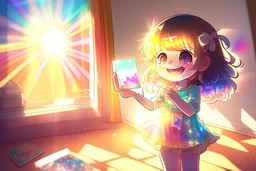 cute chibi holographic girl takes a picture in her hand and looks at it happily in a room in sunshine