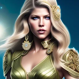 Katheryn Winnick, Cyborg queen, light blonde hair, pixie hairstyle, cobalt eyes, waist up portrait, 8k resolution, intricate details, ornate details, soft lighting, vibrant colors, masterpiece, intricate eyeliner, dark eyeshadow, eyes, intricate tattoos, gradient background