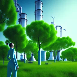 energy, power plant, technology, green trees, blue sky, people