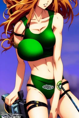 In the style of Shirow, hyper detailed, strikingly beautiful teen female, 16 years old, long ponytail, ginger hair, green eyes, medium freckles, full lips, full body, full face, b-cup breasts, athletic, centred camera, ignore NSFW, bikini, athletic, sitting,