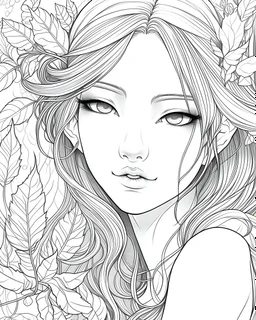 A stunning drawing coloring page of whimsical magnificent [Fantasy Garden Fairy],ultra close up front view happy face portrait, hair, extremely adorable, charming, extremely cute , (((((pure white background))))), monochrome, pure black and white, crisp drawing line, the highest quality adult coloring book style, modern anime style, an illustration that pays tribute to the iconic styles of Artgerm, Aleksi Briclot, and Charlie Bowater, created in a digital doodle