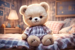 cute anime chibi teddy bear in a checkered sleeping dress in a kids room at night in moonshine Weight:1 heavenly sunshine beams divine bright soft focus holy in the clouds Weight:0.9