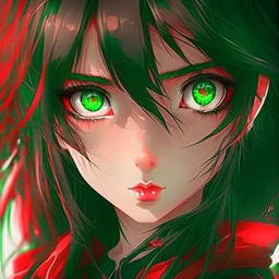 beautiful anime girl, red, nice, black, green eyes