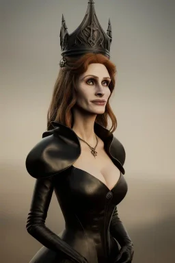 Julia Roberts as evil queen in black leather gown, evil, busty, cleavage, curvy, angry, stern look. character design by cory loftis, fenghua zhong, ryohei hase, ismail inceoglu and ruan jia. unreal engine 5, artistic lighting, highly detailed, photorealistic, fantasy