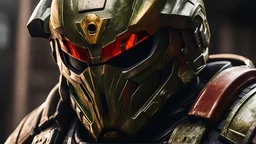 extreme close up on the helmet of the doom slayer, broken doom slayer helmet, photorealistic, doom slayer, doom eternal, raging face of the doom slayer