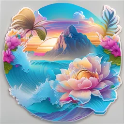 seamless sticker, artwork of surf t shirt graphic of majestic lotus flower and palm tree in digital painting style, beautiful flowers, sunrise mountains and clouds , big sea waves, water splashes, white background, colorful fantasy flower sorround, highly detailed clean, vector image, photorealistic masterpiece,