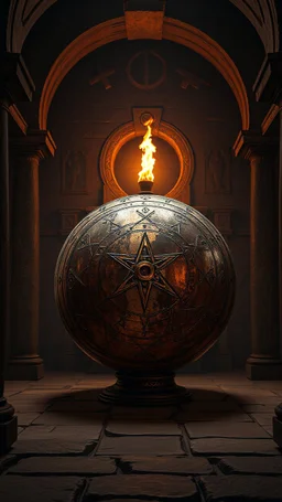Create an image of old copper sphere with strange runes in side a temple with dim light of fire torch on the wall in the background