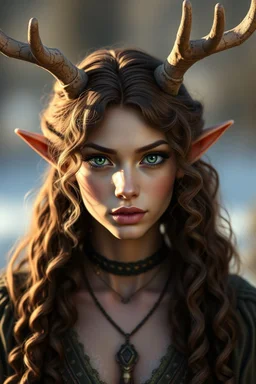 A female fantasy druid with antlers, olive toned skin, long brown curly hair, green eyes. Quirky face