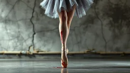 a bizarre surreal image where a dancer's legs there are bloody wounds just on both two foot and toes, her gray balett dress completely drenched in sweat, she standing on tiptoe in a perfect dance pose in bloody ballet shoes, around her a fade gray vortex with glitters, capturing grasping the difficulty of dance, self-sacrifice, striving for perfection the impressive pose achieved through hard work, the beauty of dance, vertical light on the dancer, blur background is a cracked wall , cinematic