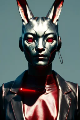 Medium Close Up Portrait, Front image. cyberpunk, rabbit mask, asian woman, silver hair. Latex suit. white, red, color. Yakuza style. Color background, photo studio. Avatar image, highly detailed, concept art, smooth, unreal engine 5, ray tracing, RTX, lumen lighting, ultra detail, volumetric lighting, 3d, finely drawn, high definition, high resolution.