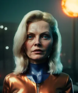 retro sci-fi portrait image from 1980, supermarket parking explosion, fire, scared people, blonde woman walking, Michelle Pfeiffer face, tight latex suit, soft color, highly detailed, unreal engine 5, ray tracing, RTX, lumen lighting, ultra detail, volumetric lighting, 3d, finely drawn, high definition, high resolution.