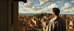 man is watching the city from the balcony painted by Caravaggio