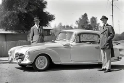 Schwarzweißes Foto von 1960 typischer Mercedes-Benz-Fahrer steht stolz neben seinem Mercedes