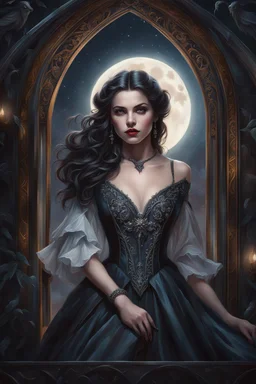 ultra highly detailed, cinematic, 32k, fairytale, gothic, a painting of a young vampire lady in a dress a detailed painting by Magali Villeneuve, behance contest winner, fantasy art, detailed painting, official art, unusual appearance, iridescent, delicate face , bats, romantic, big moon, moonlight, stars, , filigree details, dynamic lighting highly detailed, intricated, intricated pose, oil painting, thick strokes, masterpiece, high quality